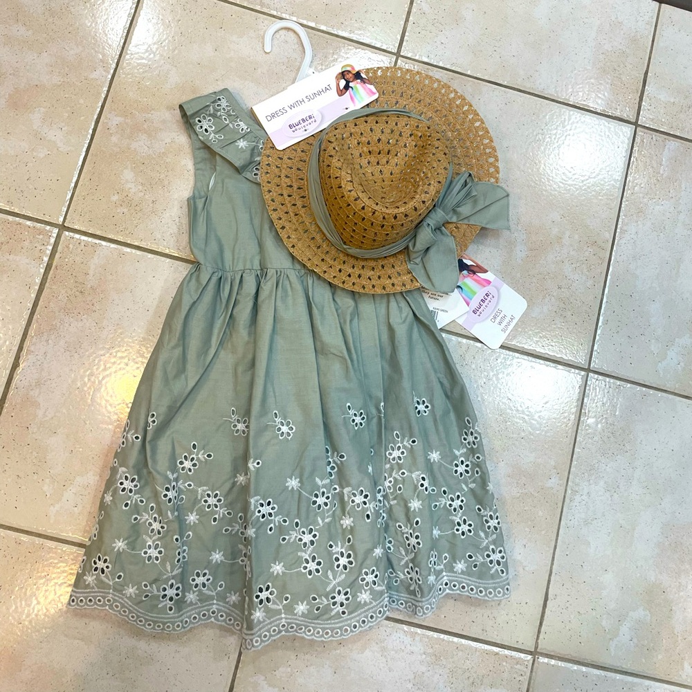 Blueberi Boulevard Green Floral Kids Dress with Hat